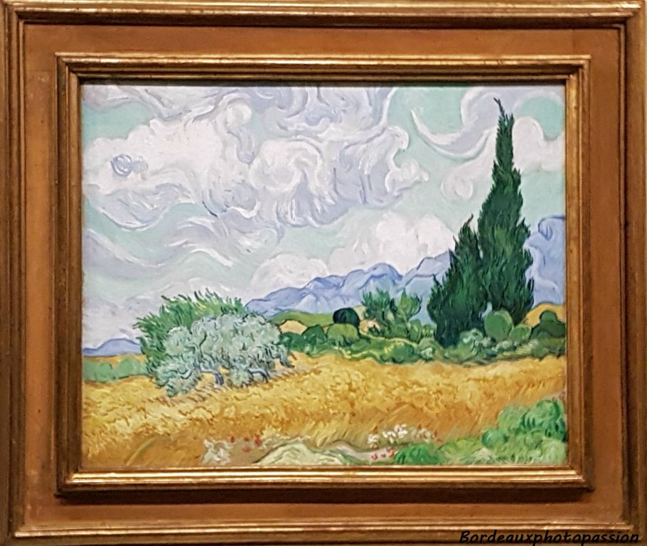 Champ de blé avec cyprès (1889) un des tableaux de la série de trois, peints par Vincent Van Gogh